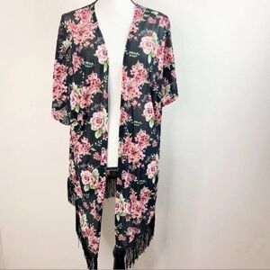 Siren Lily Cardigan Open Drape Black Floral Kimono Fringe Detail Sheer Size 2X